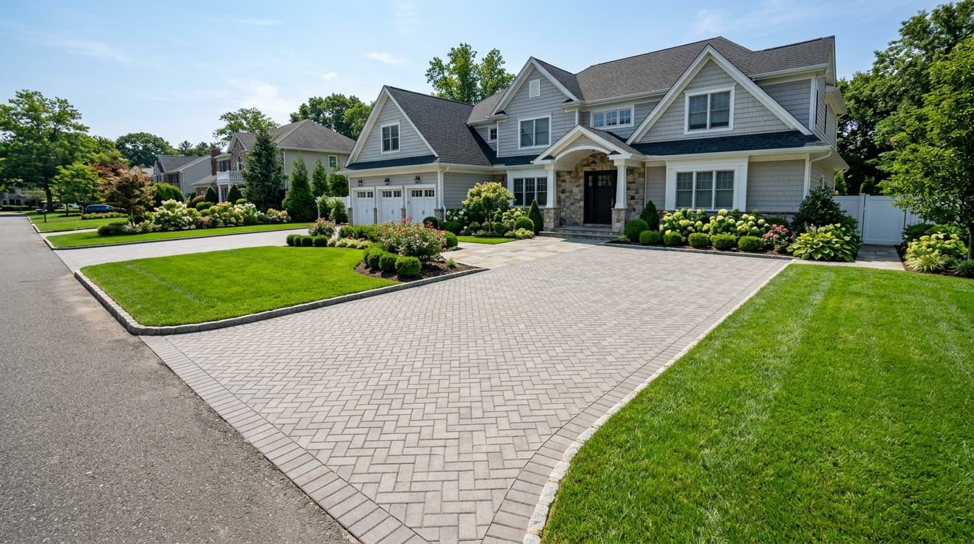 Freshly installed paver driveway in front of an upscale Long Island home